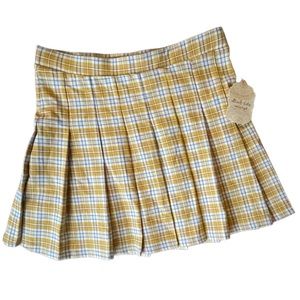 New Altar’d State Pleated Schoolgirl Skirt, Gold Cream Blue Plaid, Large